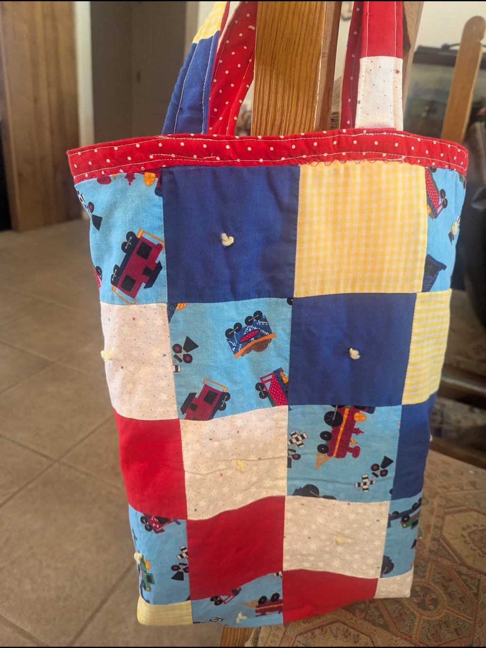 Trains Patchwork Quilted Tote Bag in Red, Blue, Yellow